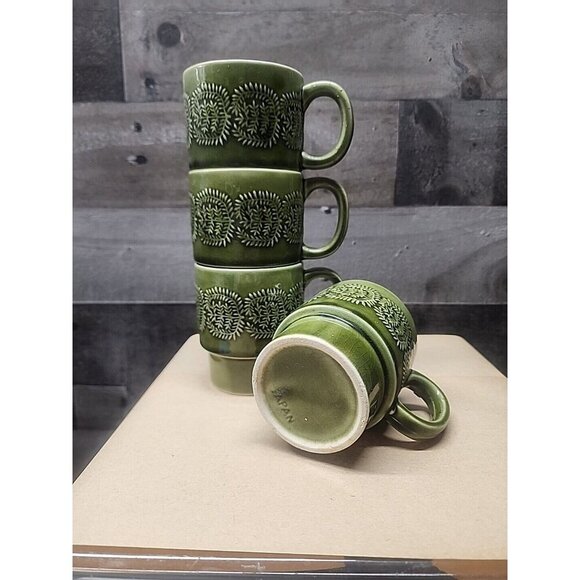 Vintage Set of Four Ceramic MCM Stackable Green Mugs Set Made in Japan - Picture 5 of 7